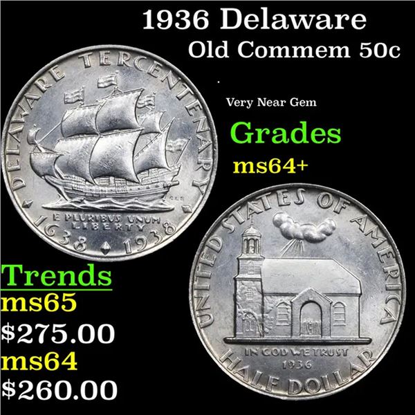 1936 Delaware Old Commem Half Dollar 50c Grades Choice+ Unc