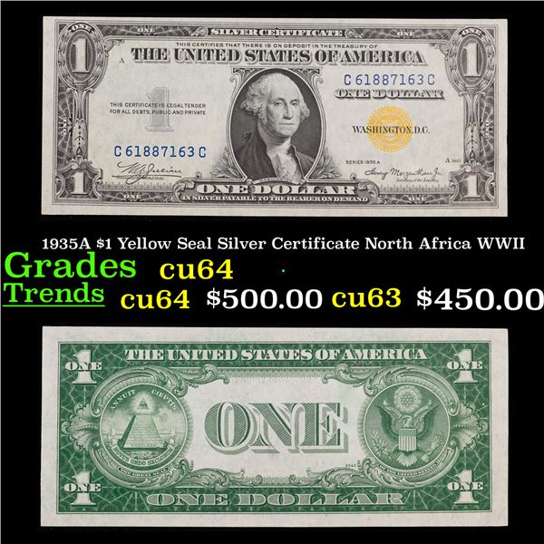 1935A $1 Yellow Seal Silver Certificate North Africa WWII Grades Choice CU