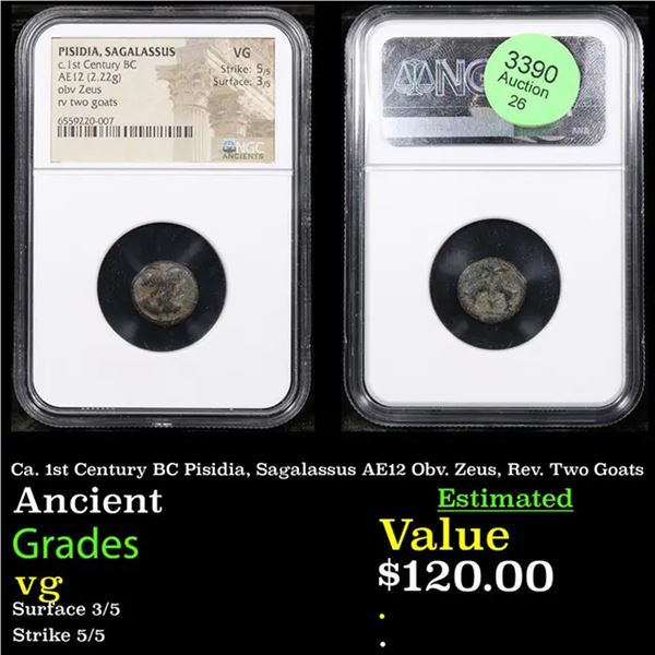 NGC Ca. 1st Century BC Pisidia, Sagalassus AE12 Ancient Obv. Zeus, Rev. Two Goats Graded vg By NGC