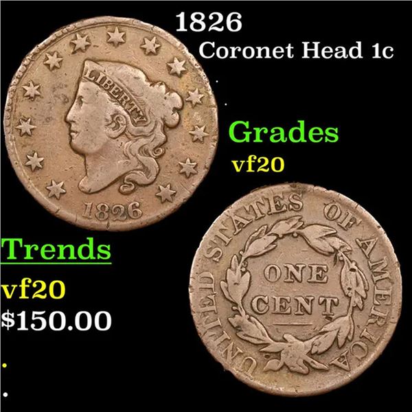 1826 Coronet Head Large Cent 1c Grades vf, very fine
