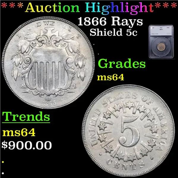 ***Auction Highlight*** 1866 Rays Shield Nickel 5c Grades Choice Unc By SEGS (fc)