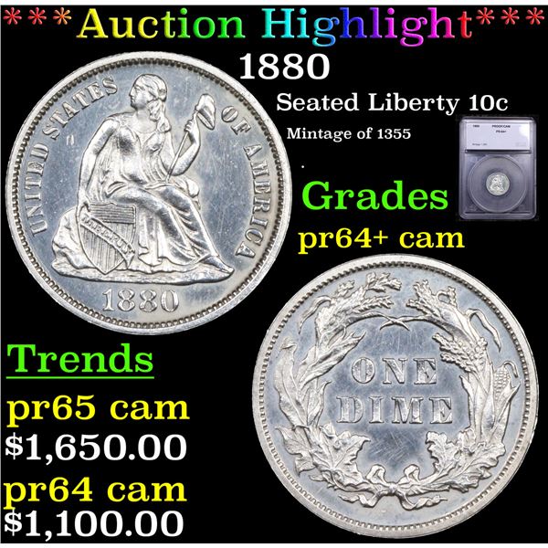 Proof ***Auction Highlight*** 1880 Seated Liberty Dime 10c Graded pr64+ cam By SEGS (fc)