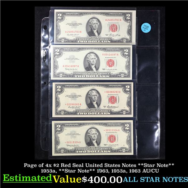 Page of 4x $2 Red Seal United States Notes **Star Note** 1953a, **Star Note** 1963, 1953a, 1963 AU/C
