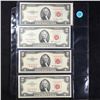 Image 3 : Page of 4x $2 Red Seal United States Notes **Star Note** 1953a, **Star Note** 1963, 1953a, 1963 AU/C