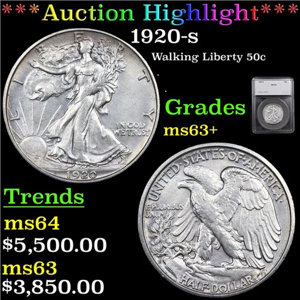 ***Auction Highlight*** 1920-s Walking Liberty Half Dollar 50c Graded ms63+ By SEGS (fc)