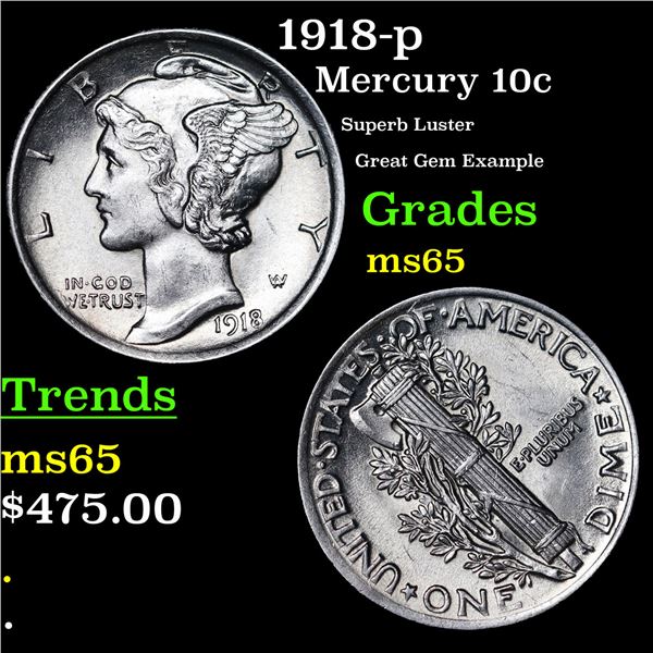 1918-p Mercury Dime 10c Grades GEM Unc