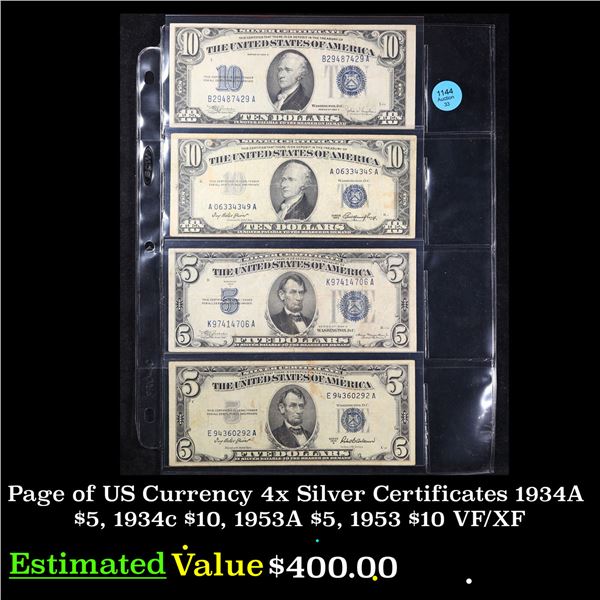 Page of US Currency 4x Silver Certificates 1934A $5, 1934c $10, 1953A $5, 1953 $10 VF/XF