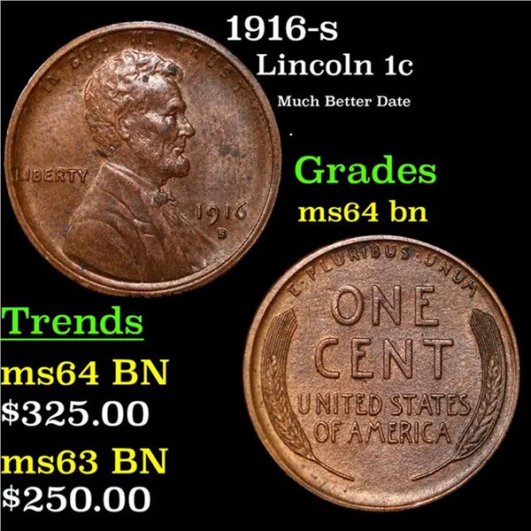 1916-s Lincoln Cent 1c Grades Choice Unc BN