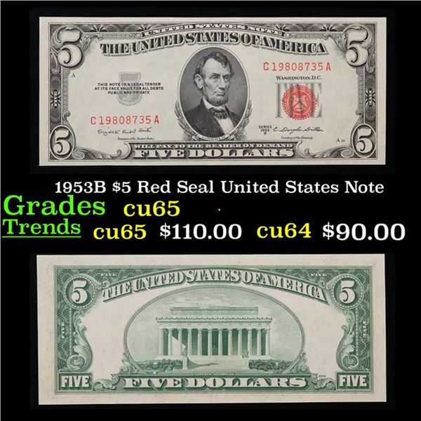 1953B $5 Red Seal United States Note Grades Gem CU