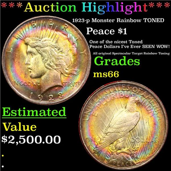 ***Auction Highlight*** 1923-p Peace Dollar Monster Rainbow TONED $1 Grades Gem+ Unc  (fc)