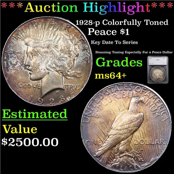 ***Auction Highlight*** 1928-p Peace Dollar Colorfully Toned $1 Graded ms64+ By SEGS (fc)