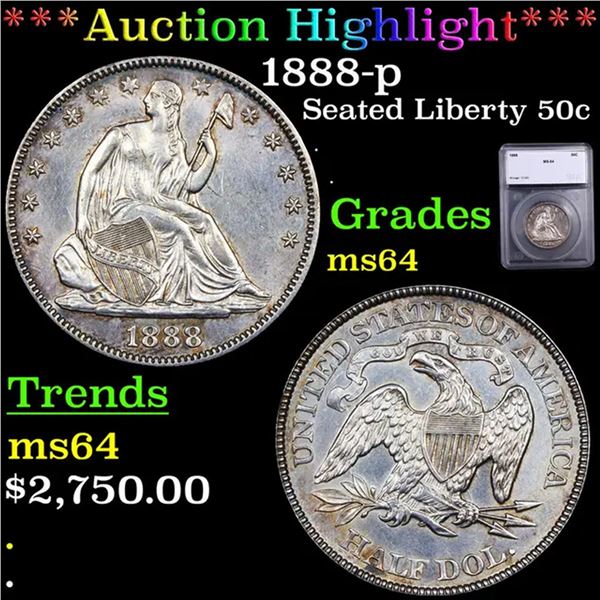 ***Auction Highlight*** 1888-p Seated Half Dollar 50c Graded ms64 BY SEGS (fc)