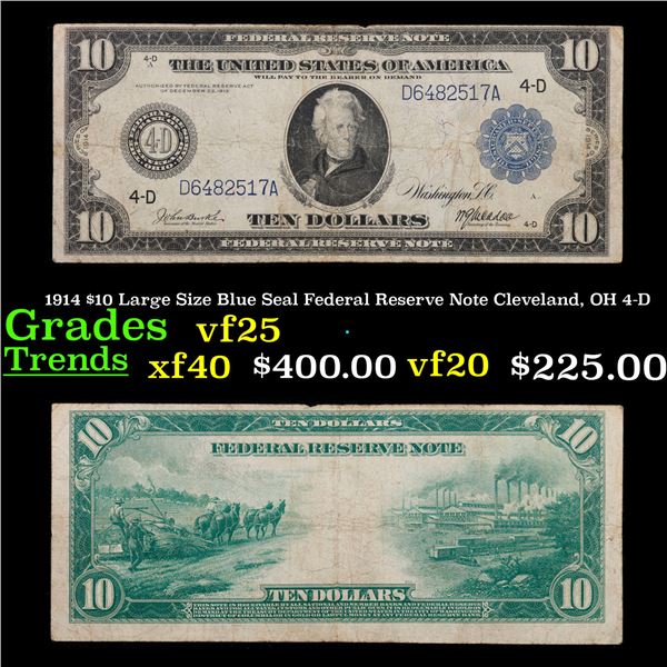 1914 $10 Large Size Blue Seal Federal Reserve Note Cleveland, OH 4-D Grades vf+