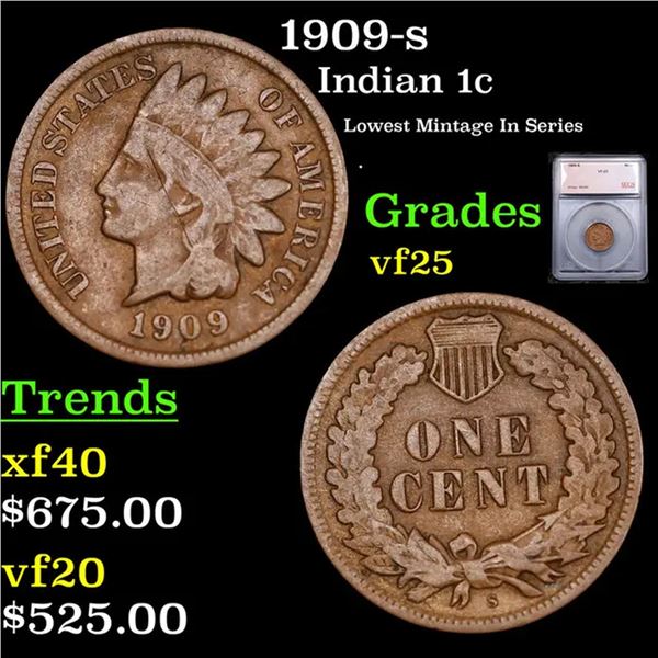 1909-s Indian Cent 1c Graded vf25 By SEGS