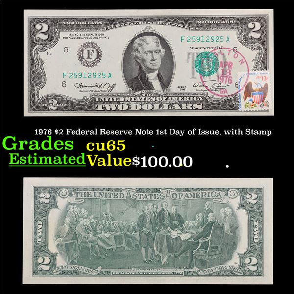1976 $2 Federal Reserve Note 1st Day of Issue, with Stamp Grades Gem CU