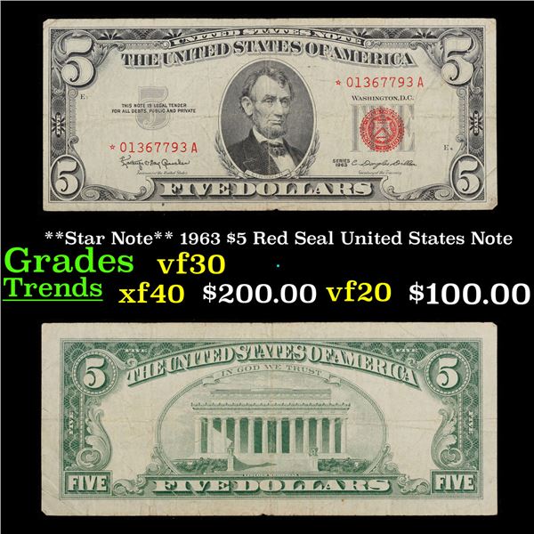 **Star Note** 1963 $5 Red Seal United States Note Grades vf++