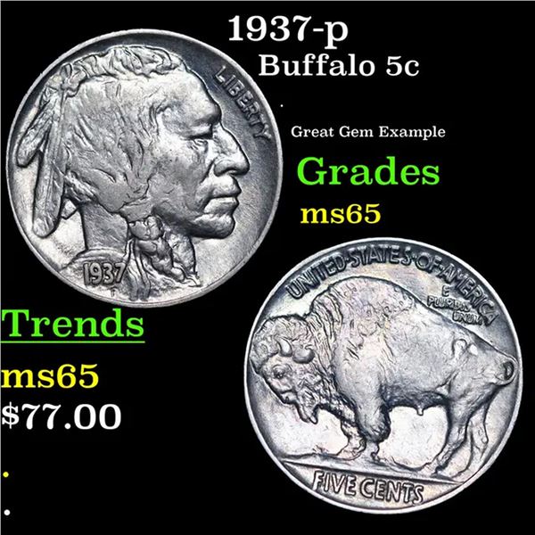 1937-p Buffalo Nickel 5c Grades GEM Unc