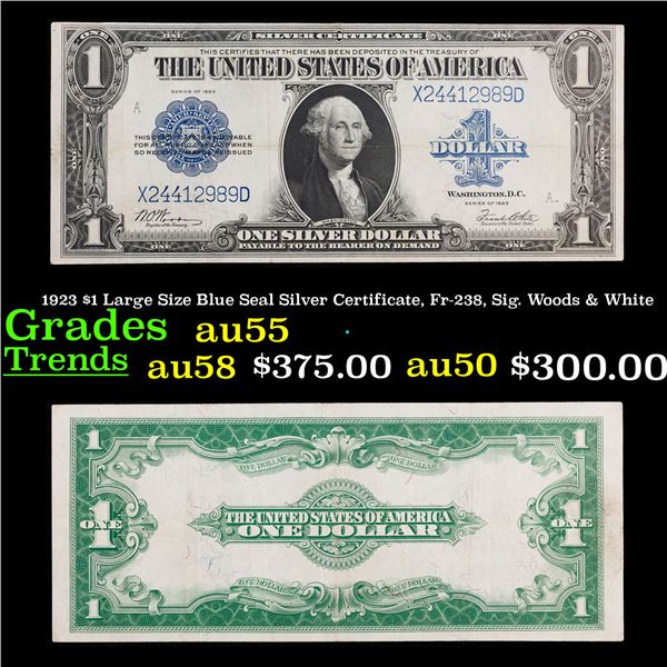 1923 $1 Large Size Blue Seal Silver Certificate, Fr-238, Sig. Woods & White Grades Choice AU
