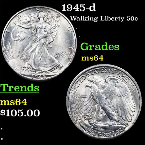 1945-d Walking Liberty Half Dollar 50c Grades Choice Unc