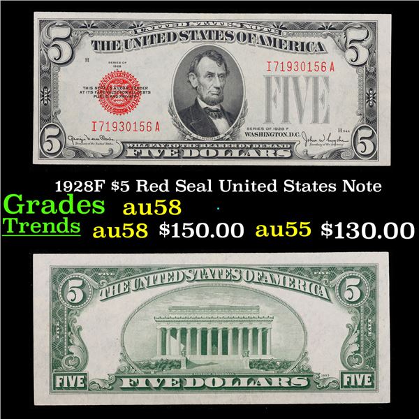 1928F $5 Red Seal United States Note Grades Choice AU/BU Slider