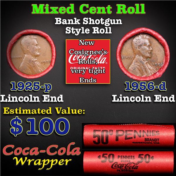 Mixed small cents 1c orig shotgun roll, 1956-D Lincoln Cent, 1925-P Lincoln Cent other end, Coca Col