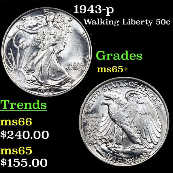 1943-p Walking Liberty Half Dollar 50c Grades GEM+ Unc