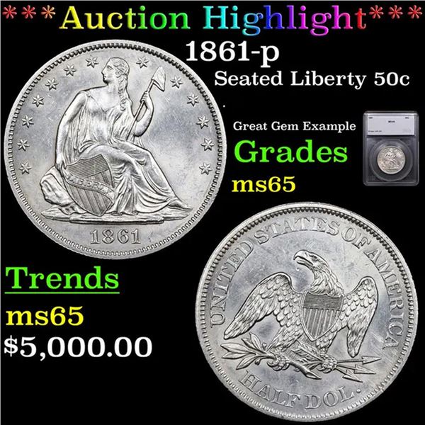 ***Auction Highlight*** 1861-p Seated Half Dollar 50c Graded ms65 BY SEGS (fc)