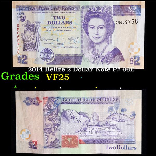 2014 Belize 2 Dollar Note P# 66E Grades vf+