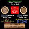 Image 1 : Mixed small cents 1c orig shotgun roll, 1919-d Wheat Cent, 1890 Indian Cent other end, Brinks Wrappe