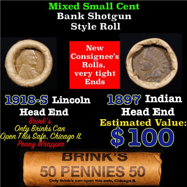 Mixed small cents 1c orig shotgun roll, 1918-S Wheat Cent, 1897 Indian Cent other end, Brinks Wrappe