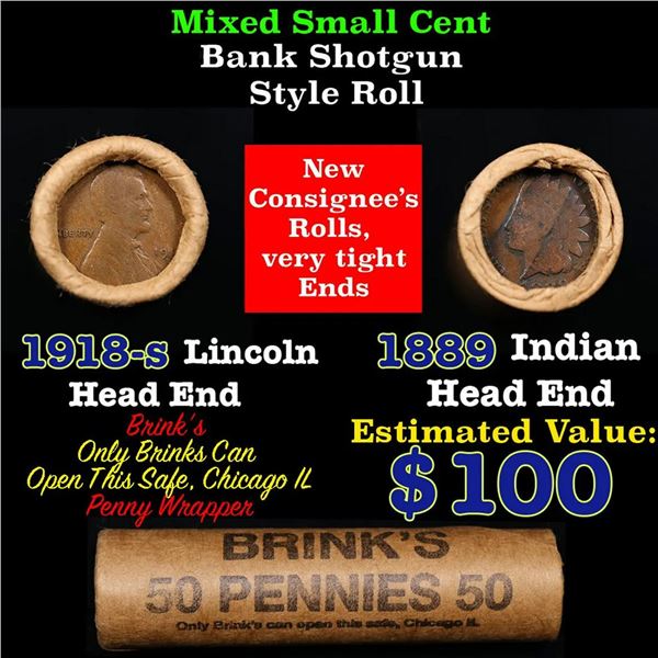 Mixed small cents 1c orig shotgun roll, 1918-s Wheat Cent, 1899 Indian Cent other end, Brinks Wrappe