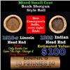 Image 1 : Mixed small cents 1c orig shotgun roll, 1918-s Wheat Cent, 1899 Indian Cent other end, Brinks Wrappe