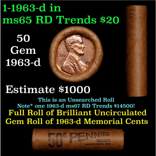 Shotgun Lincoln 1c roll, 1963-d 50 pcs Original Brandt Wrapper.