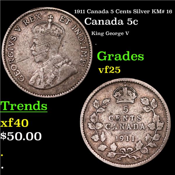 1911 Canada 5 Cents Silver KM# 16 Grades vf+