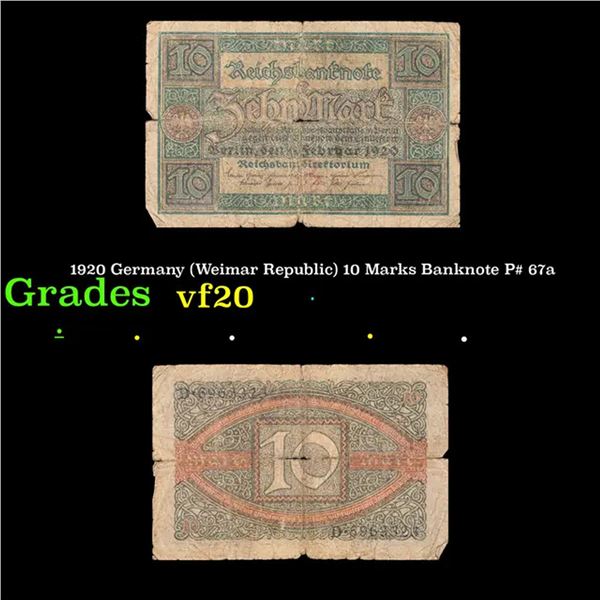 1920 Germany (Weimar Republic) 10 Marks Banknote P# 67a Grades vf, very fine