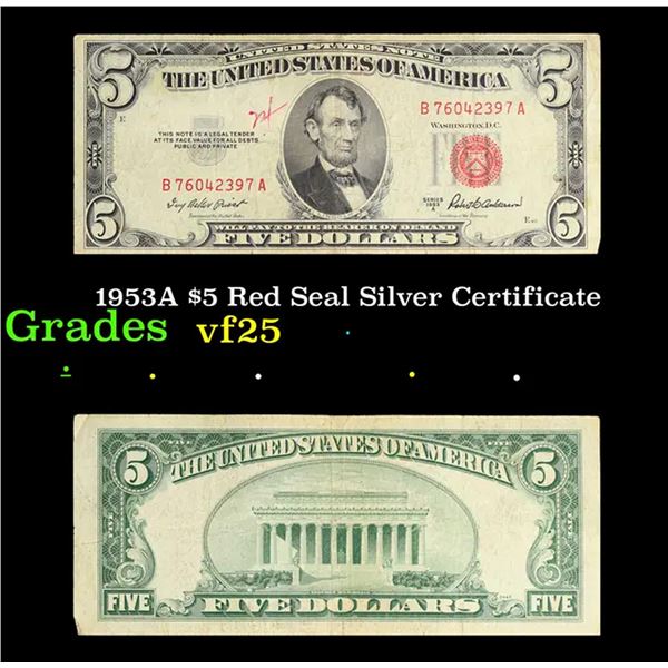 1953A $5 Red Seal Silver Certificate Grades vf+