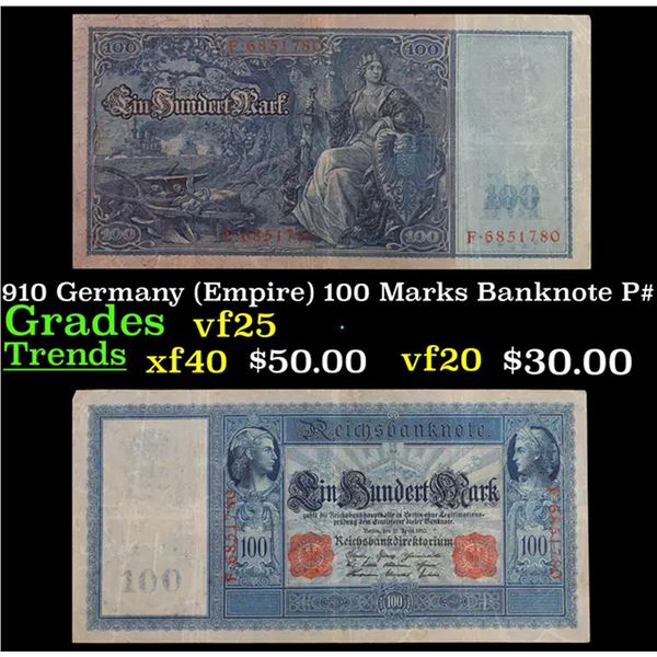 1910 Germany (Empire) 100 Marks Banknote P# 42 Grades vf+