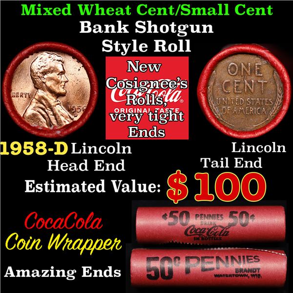 Mixed small cents 1c orig shotgun roll, 1928-p Lincoln Cent,  Lincoln Cent other end, Coca-Cola Bran