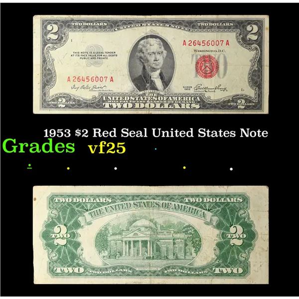 1953 $2 Red Seal United States Note Grades vf+