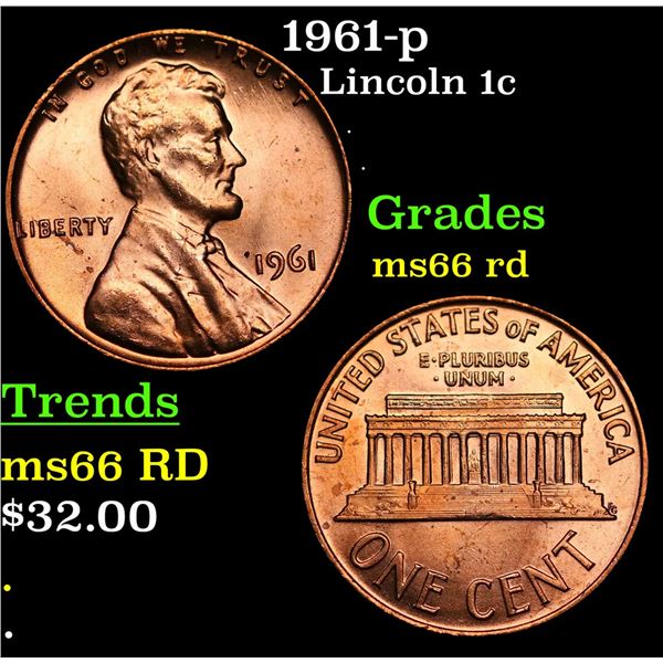 1961-p Lincoln Cent 1c Grades GEM+ Unc RD