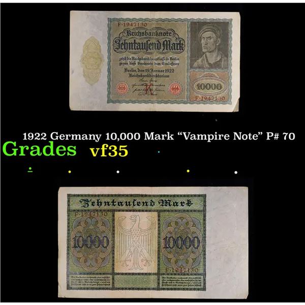 1922 Germany 10,000 Mark "Vampire Note" P# 70 Grades vf++