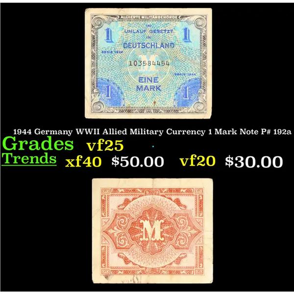 1944 Germany WWII Allied Military Currency 1 Mark Note P# 192a Grades vf+