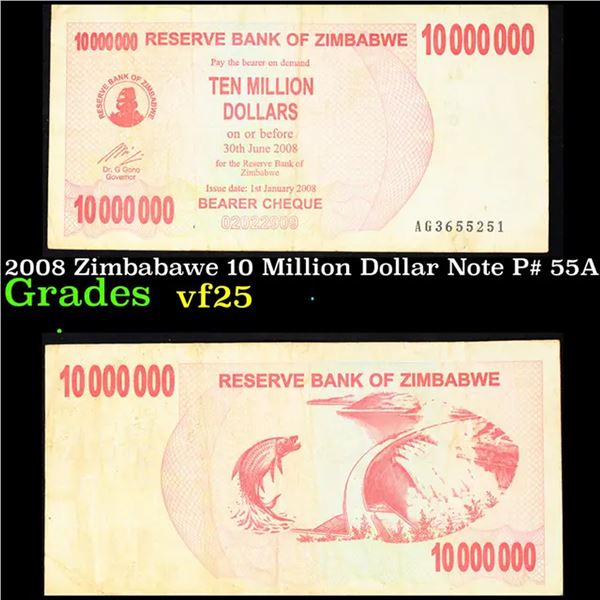 2008 Zimbabawe 10 Million Dollar Note P# 55A Grades vf+