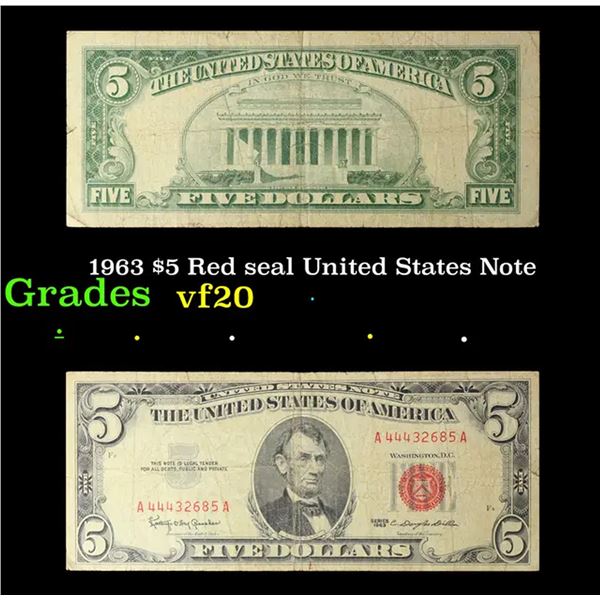 1963 $5 Red seal United States Note Grades vf, very fine