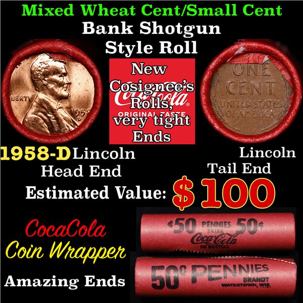 Mixed small cents 1c orig shotgun roll, 1958-d Lincoln Cent, Lincoln Cent other end, Coca-Cola Brand
