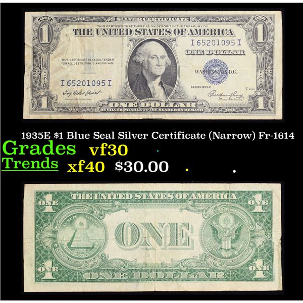 1935E $1 Blue Seal Silver Certificate (Narrow) Fr-1614 Grades vf++