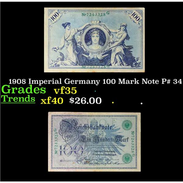 1908 Imperial Germany 100 Mark Note P# 34 Grades vf++