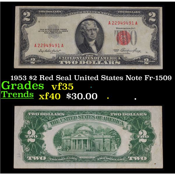 1953 $2 Red Seal United States Note Fr-1509 Grades vf++