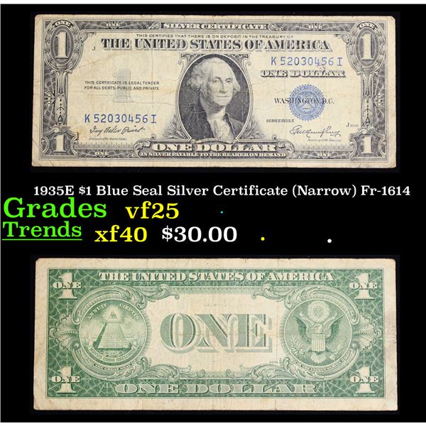 1935E $1 Blue Seal Silver Certificate (Narrow) Fr-1614 Grades vf+