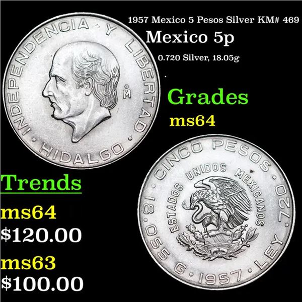 1957 Mexico 5 Pesos Silver KM# 469 Grades Choice Unc